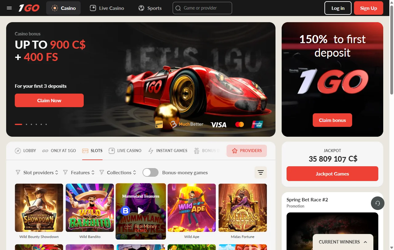 1Go Casino Startseite mit Überblick über Casino, Live-Tische und Sportwetten