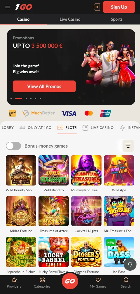 1Go Casino in der mobilen Browserversion auf einem Android-Smartphone