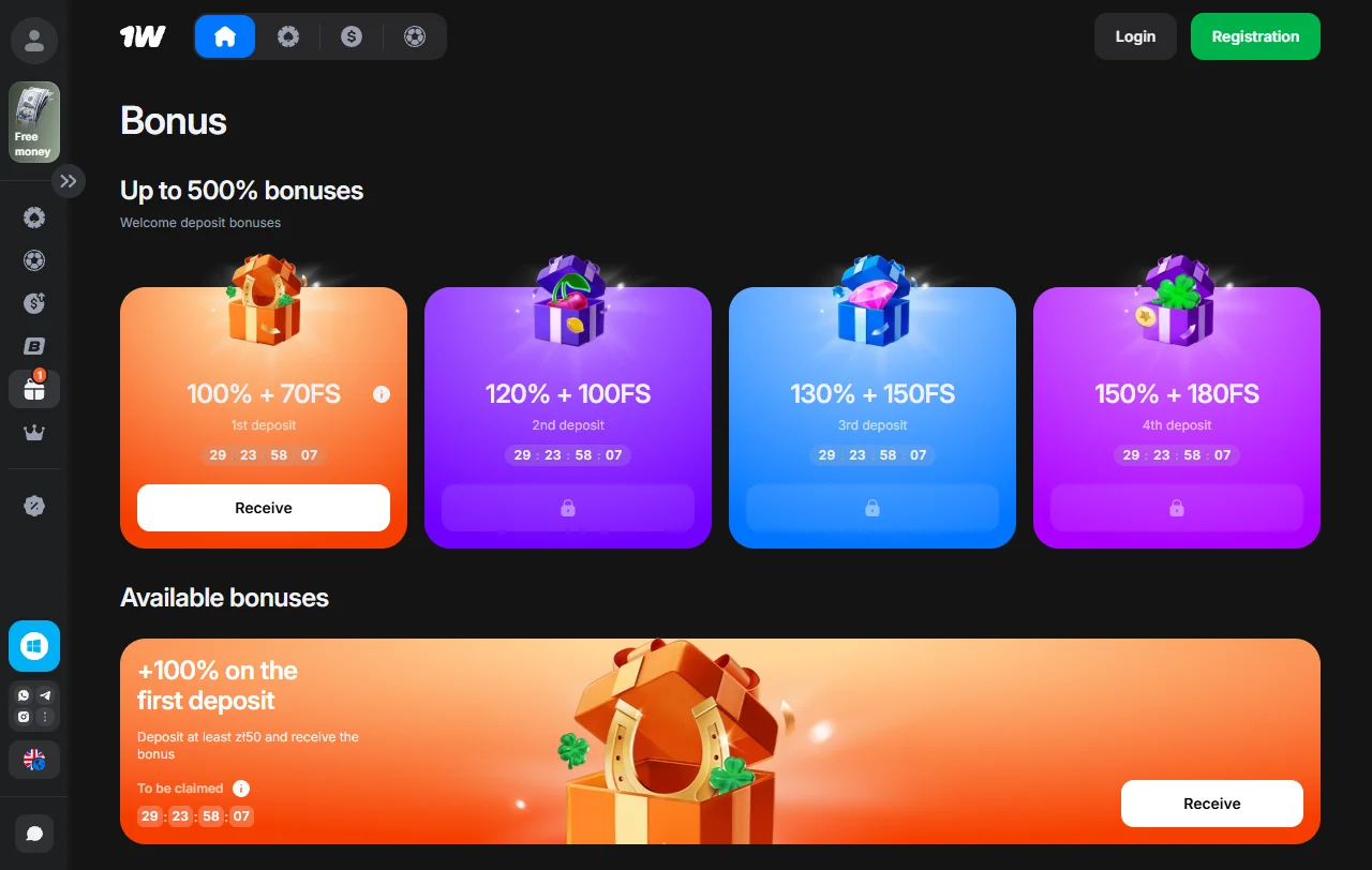 Willkommenspaket von 1win Casino mit 500 % Bonus über vier Einzahlungen