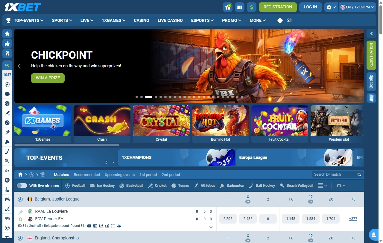 Startseite von 1xBet Casino mit Casino, Live-Casino und Sportwetten auf einem Konto