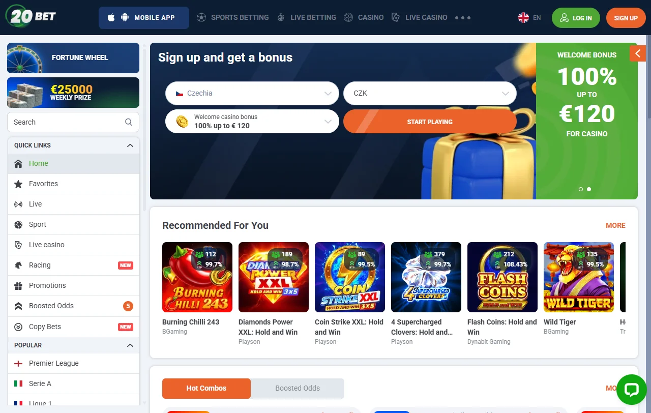 20bet Casino Startseite mit Casino- und Sportwettenbereich in einem gemeinsamen Konto