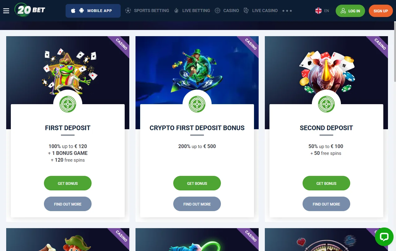 20bet Casino Spielauswahl mit Slots von Pragmatic Play und Play