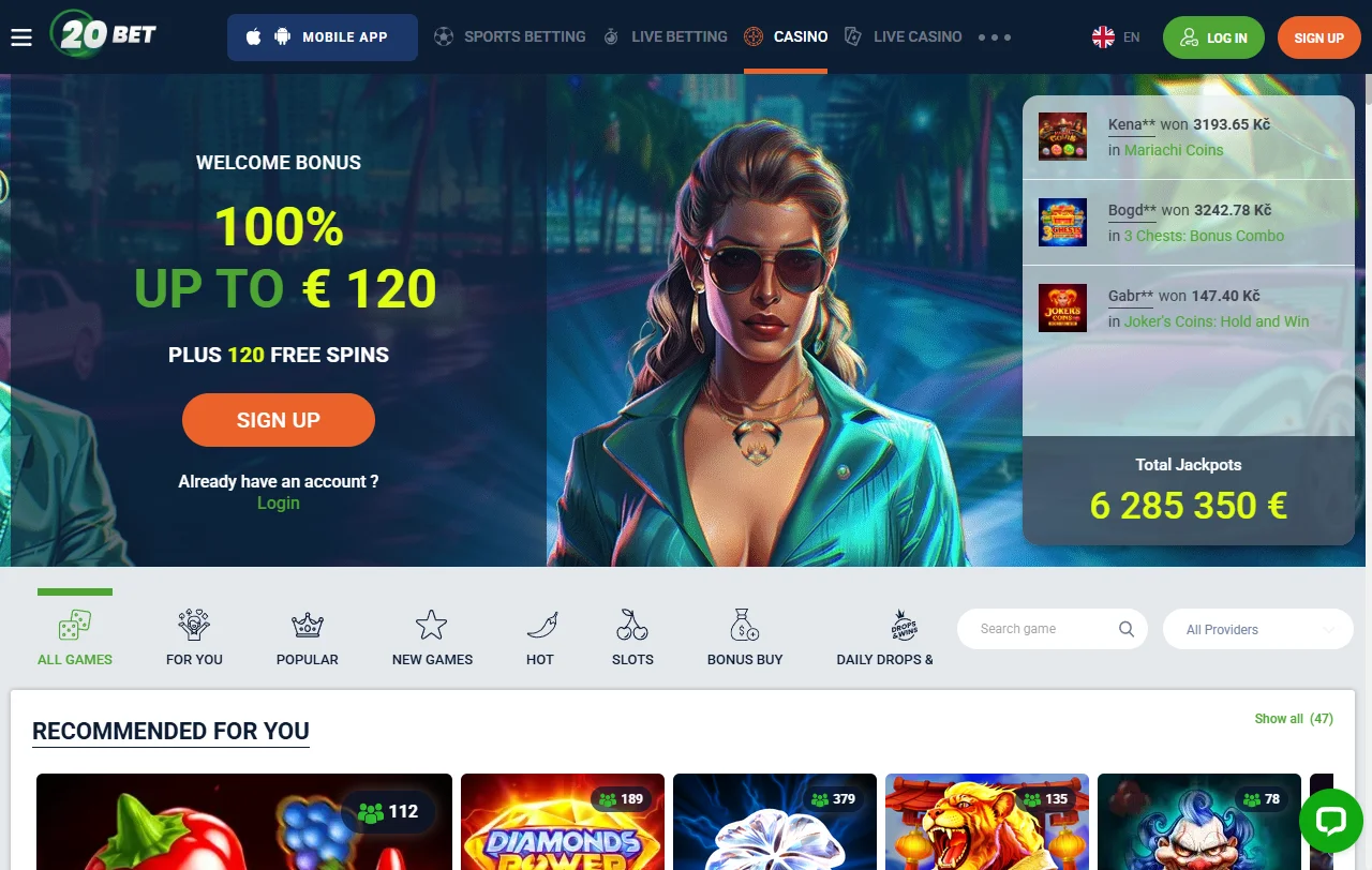 20bet Casino Willkommensbonus mit 100 % bis CHF 120 und 120 Freispielen