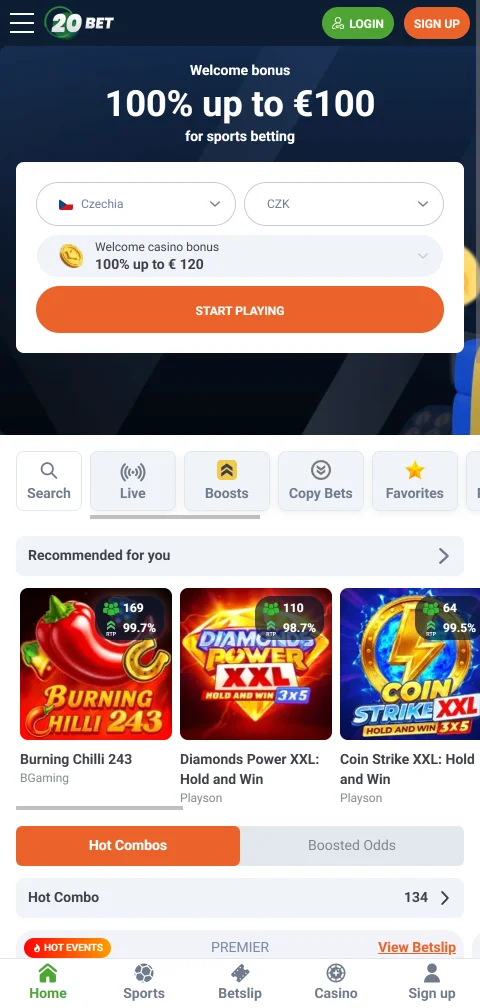 20bet Casino mobile Browser-Version mit Lobby und Kontobereich auf dem Smartphone