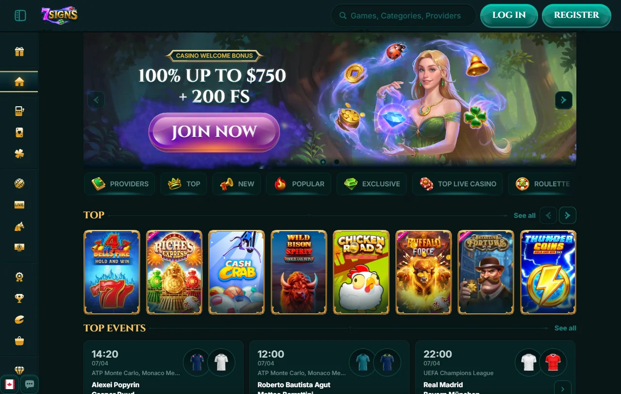 Startseite von 7Signs Casino mit Casino, Sportwetten und den sieben Maskottchen