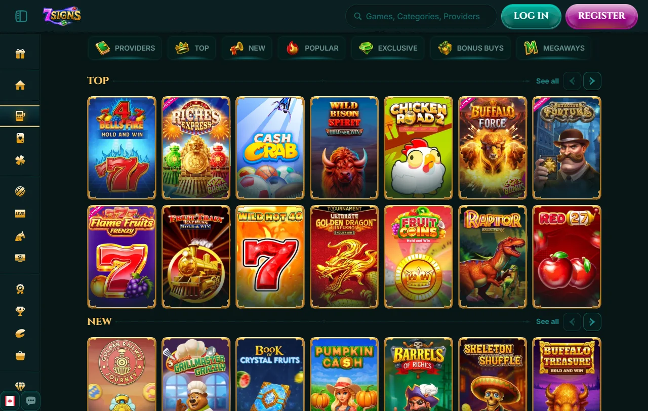 Spielelobby von 7Signs Casino mit Filtern nach Thema und rund 120 Studios
