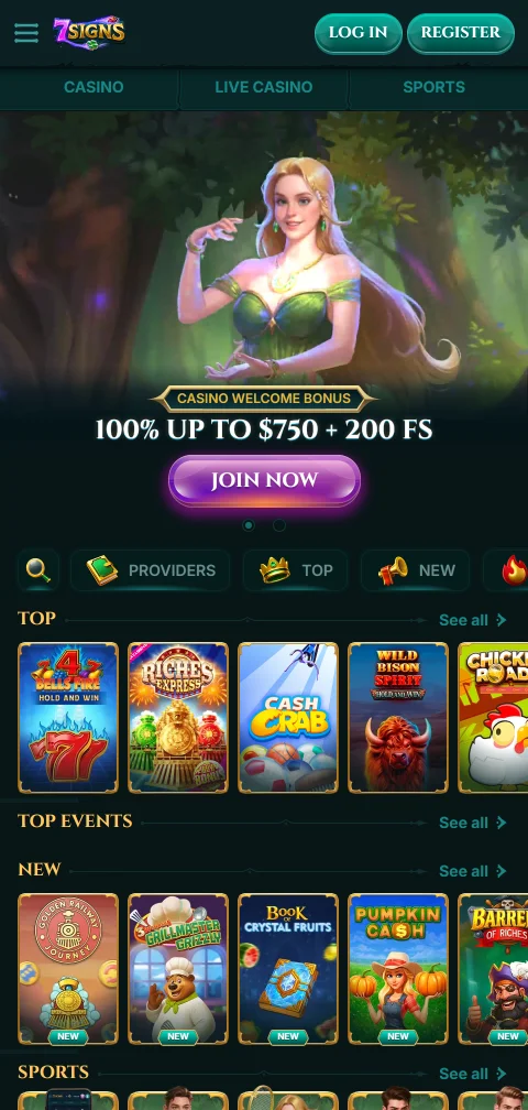 7Signs Casino als mobile Web-App im Browser mit Menü und Suchfunktion