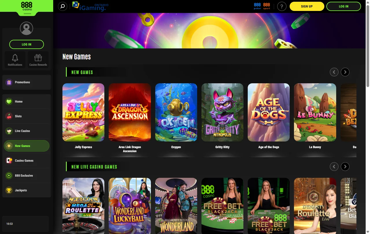 Spielangebot von 888 Casino mit Slots aus dem eigenen Studio und Live-Tischen