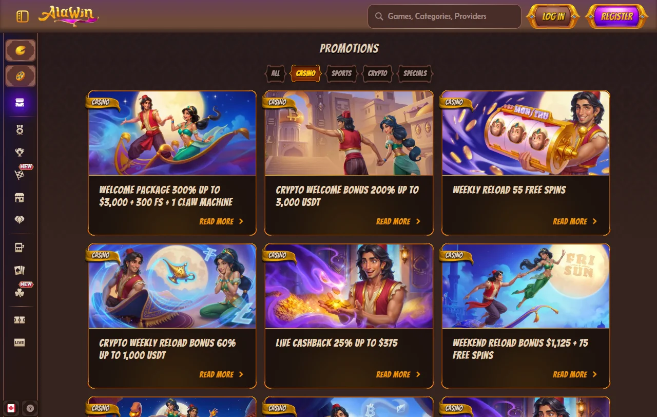 Spielauswahl bei Alawin Casino mit Slots und Live-Tischen von rund 120 Studios