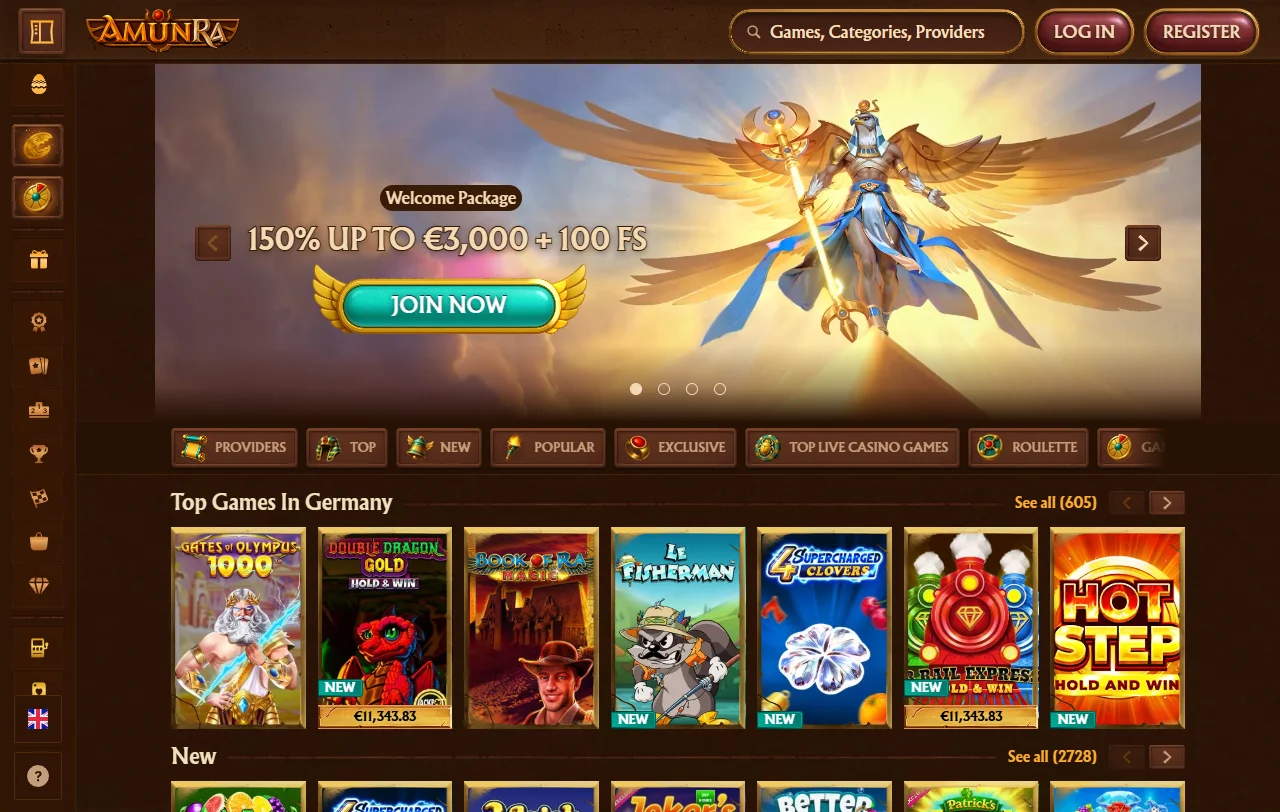 Überblick über AmunRa Casino mit Casino, Live-Tischen und Sportwetten unter einem Konto