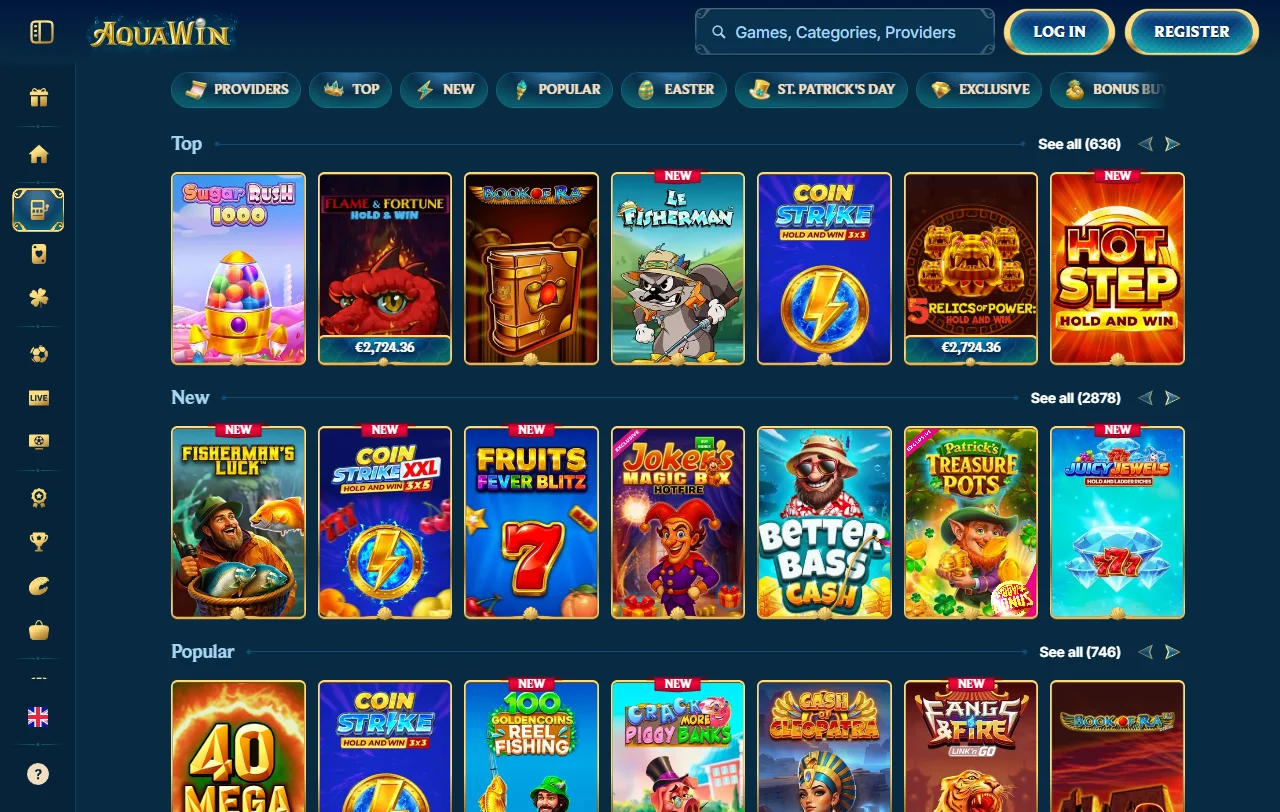 Spielangebot von Aquawin Casino mit rund 80 Studios und über 500 Live-Tischen