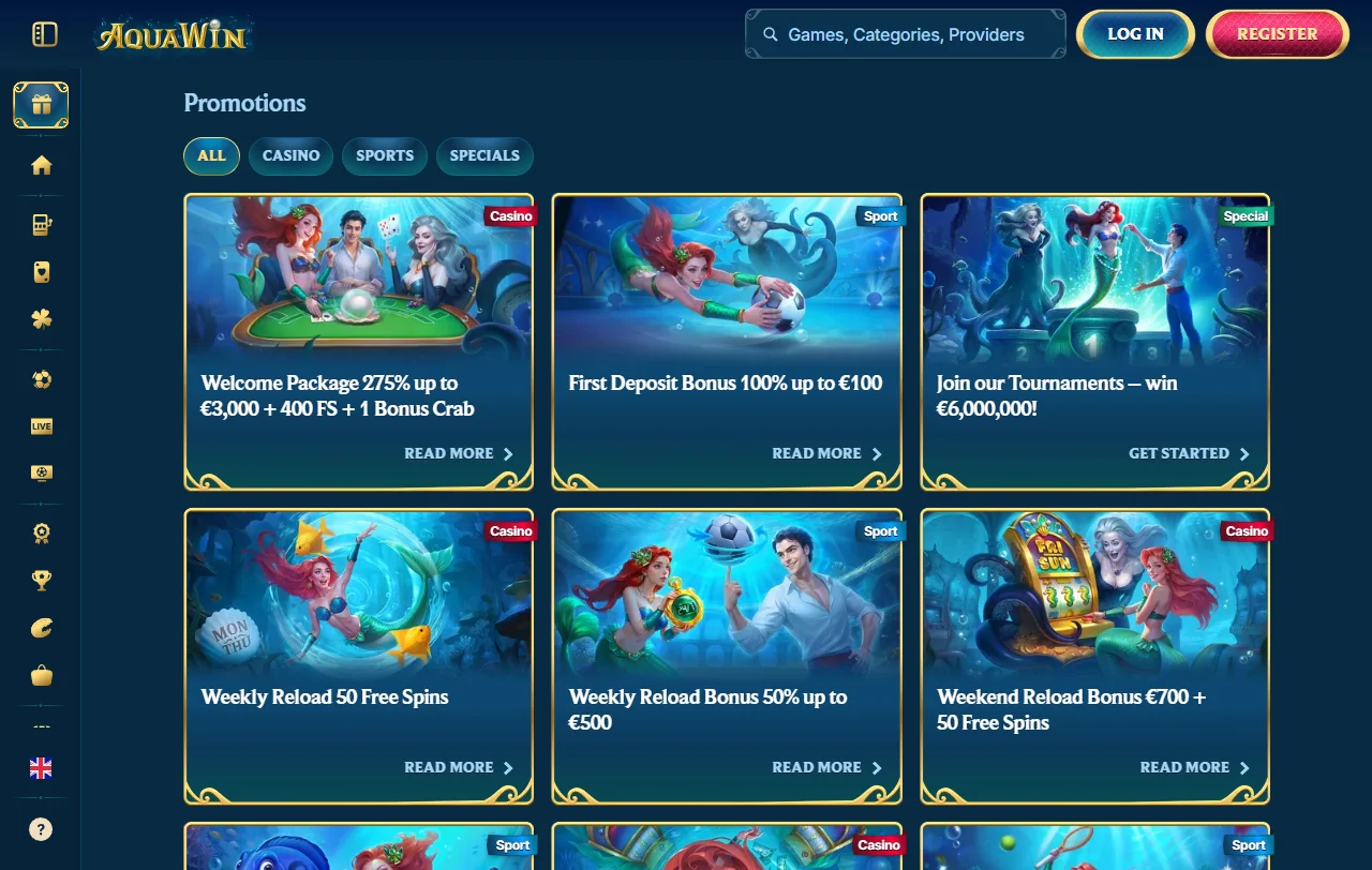 Willkommensbonus bei Aquawin Casino mit 275 % und 400 Free Spins über drei Einzahlungen