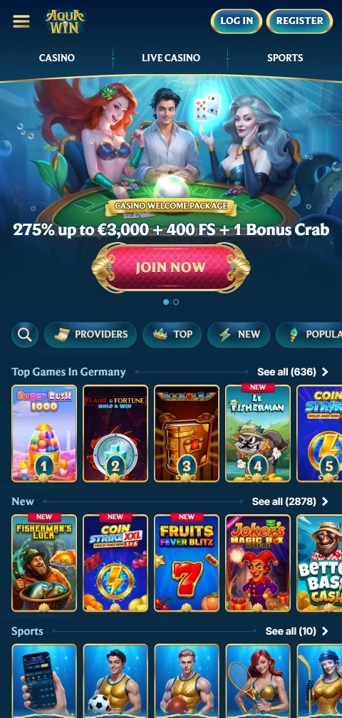 Aquawin Casino im mobilen Browser ohne native App für iOS und Android