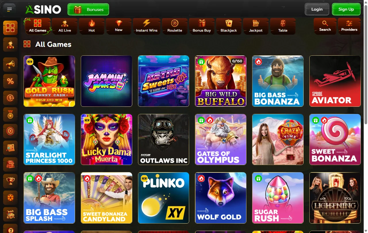 Asino Spielauswahl mit Slots von Pragmatic Play, Hacksaw Gaming und Nolimit City