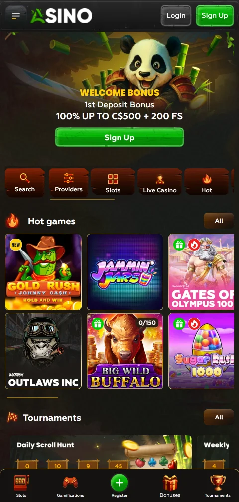 Asino im mobilen Browser mit Anbieterfilter und Spielen im Vollbild