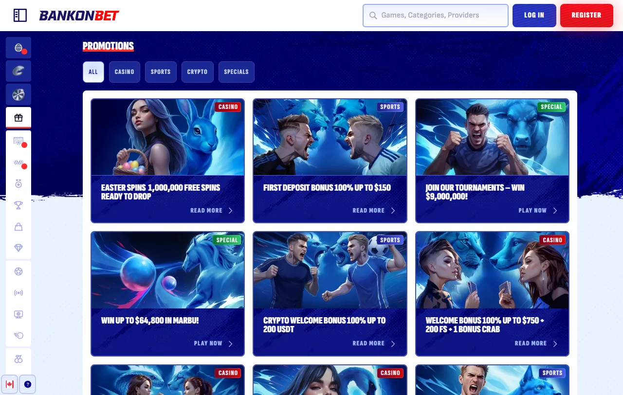 Spielauswahl von BankonBet Casino mit Slots, Jackpots und Live-Tischen von Evolution