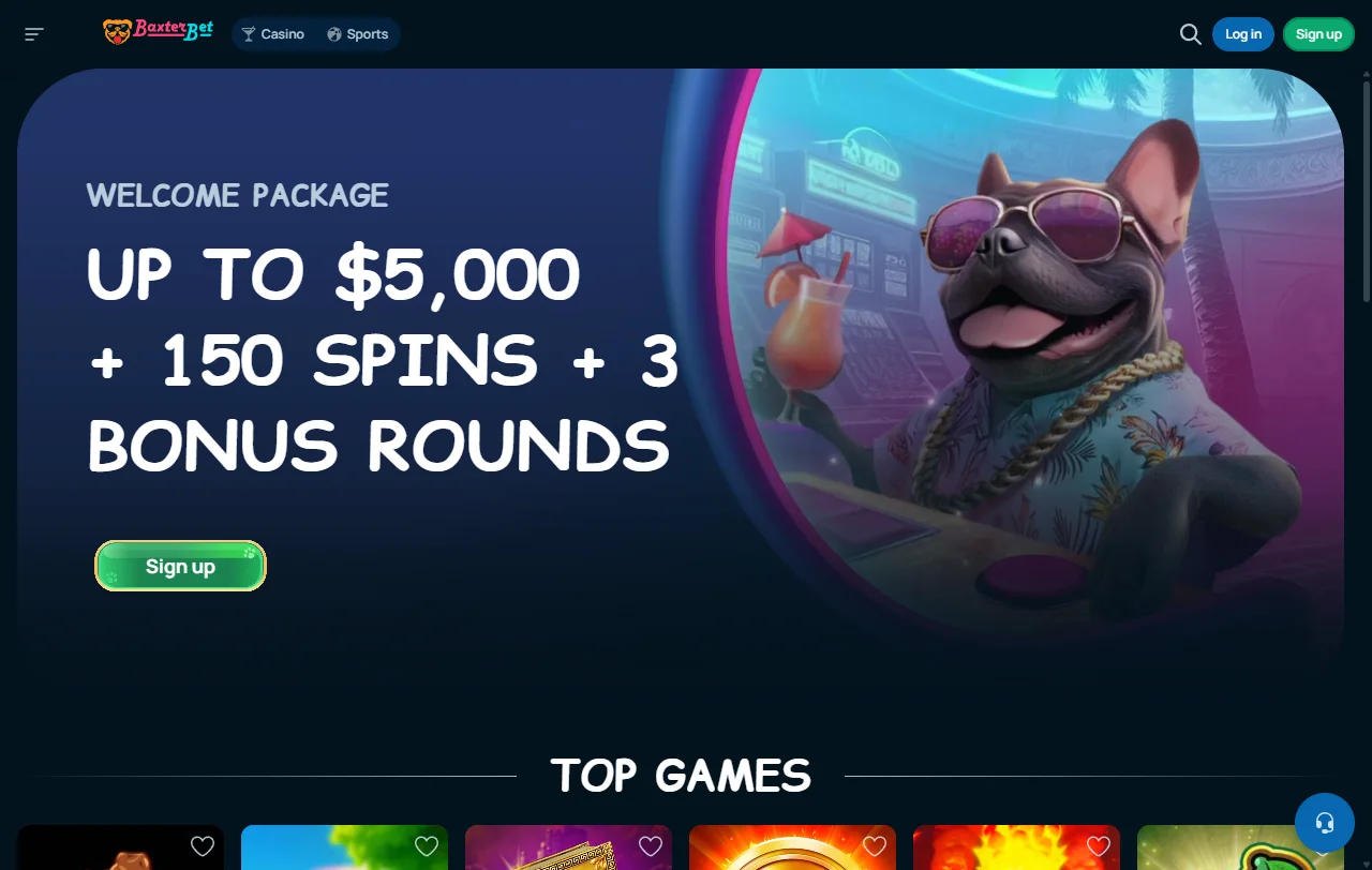 Startseite von Baxterbet Casino mit Wechsel zwischen Spielbereich und Sportwetten