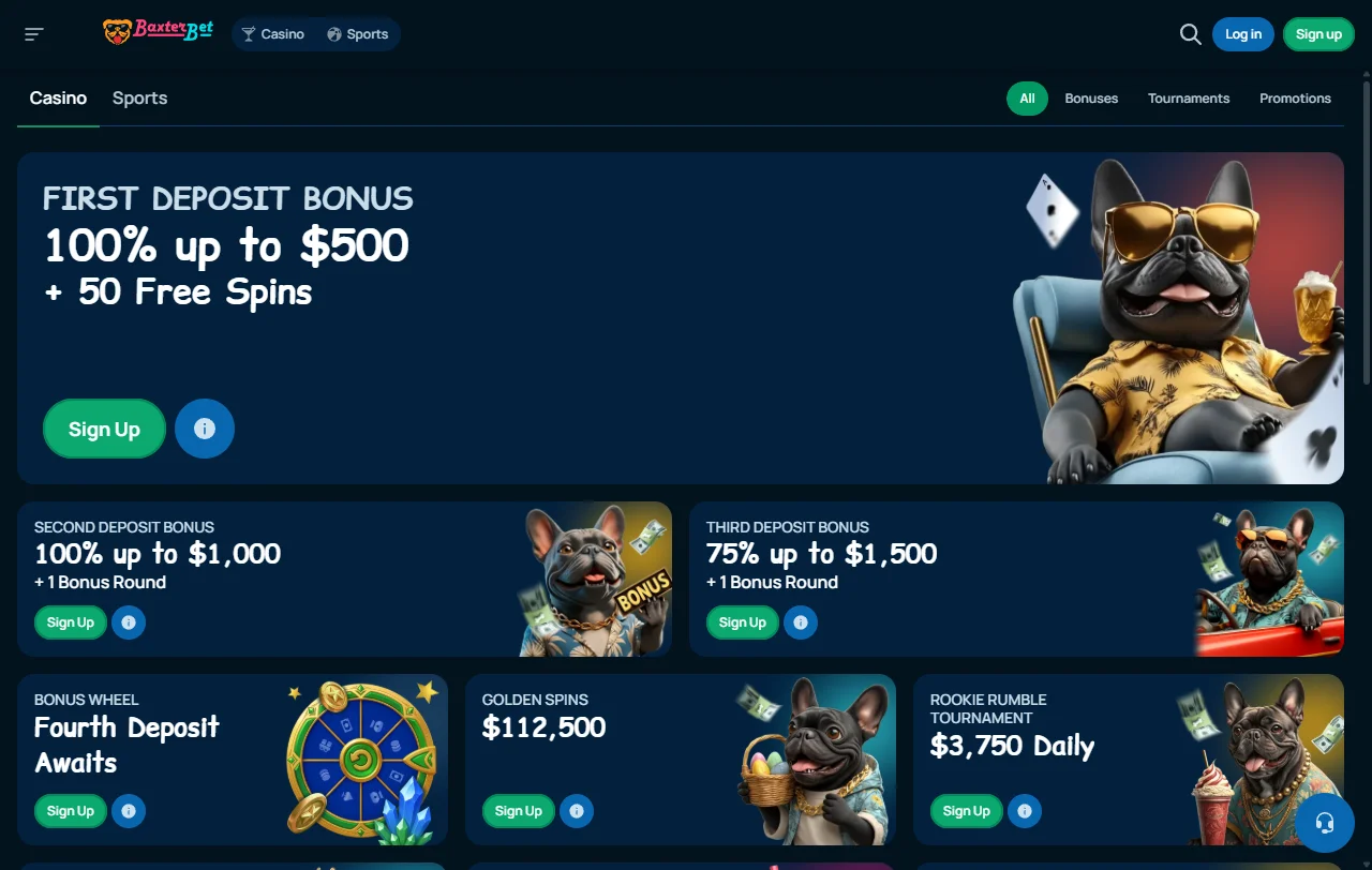 Baxterbet Bonusbereich mit Willkommenspaket, Cashback und Sonntags-Reload für Neukunden