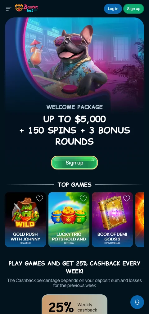 Mobile Browser-Version von Baxterbet Casino mit Lobby und Seitenmenü
