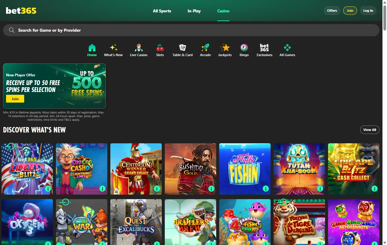Startseite von bet365 Casino mit Zugang zu Casino, Sportwetten und Poker
