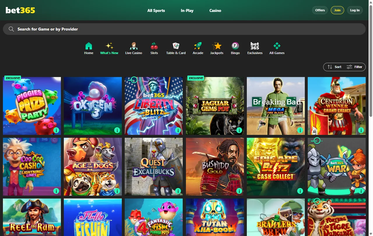 Spielauswahl bei bet365 Casino mit Slots von Playtech, NetEnt und Play