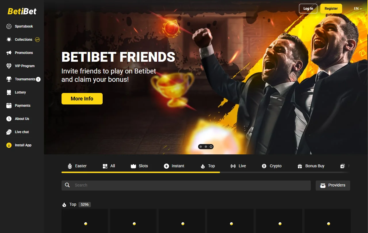 BetiBet Casino Startseite mit Casino, Live Casino und Sportwetten in einem Konto