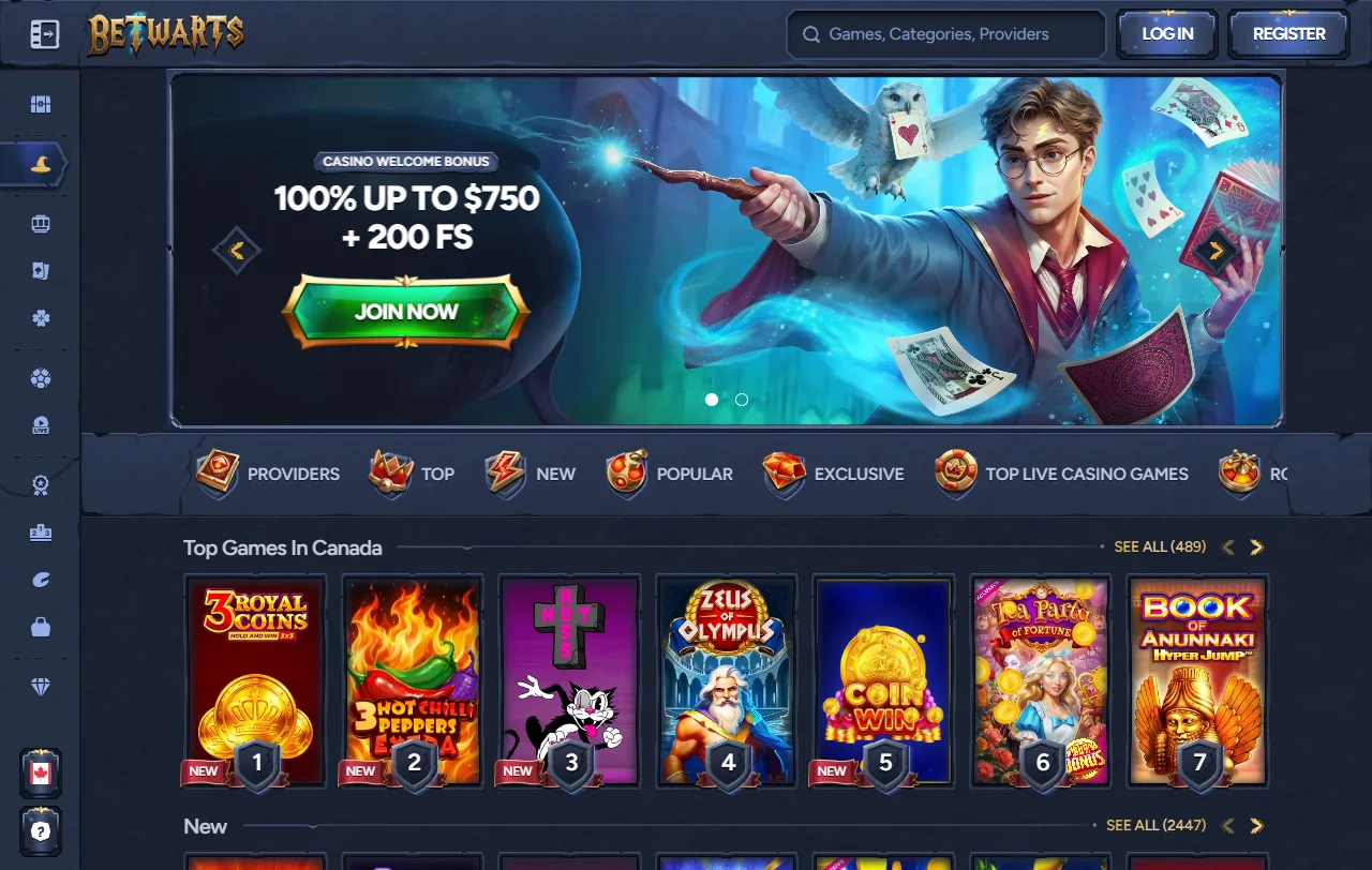 Betwarts Casino Startseite mit Überblick über Casino, Live-Tische und Sportwetten
