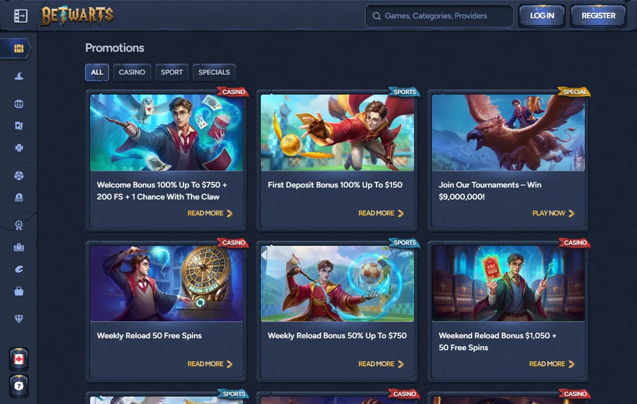 Bonusbereich von Betwarts Casino mit Willkommensbonus und Reload-Angebot am Wochenende