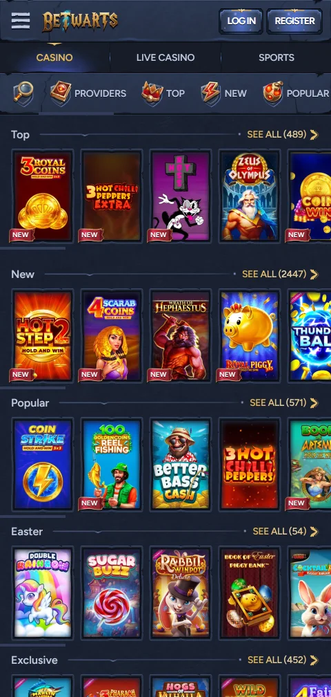 Kasse von Betwarts Casino mit Kryptowährungen, Karten und E-Wallets für Einzahlungen