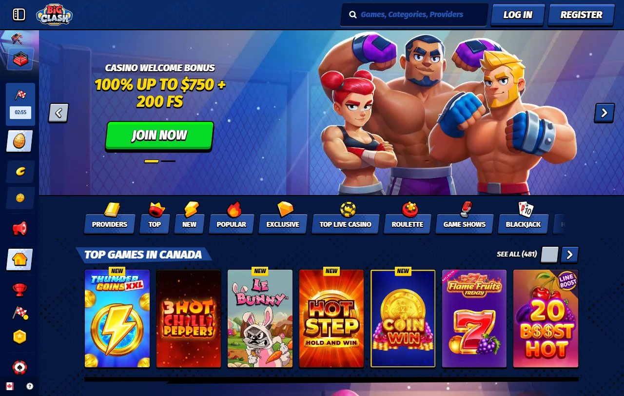 BigClash Casino Überblick mit Go-Fight-Thema und Bereich für Sportwetten