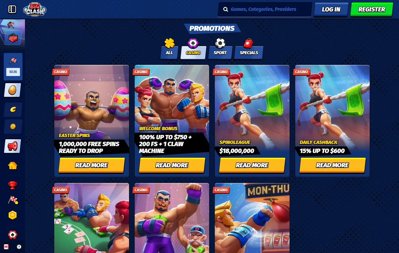 BigClash Casino Spielauswahl mit Slots von über 90 Anbietern
