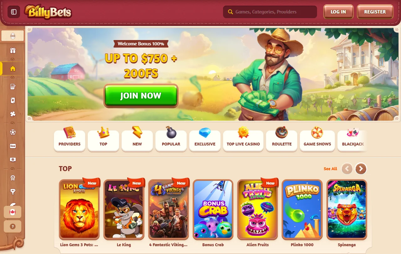 BillyBets Casino Startseite mit Überblick über Casino, Live-Bereich und Sportwetten