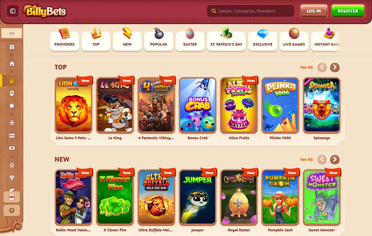 BillyBets Casino Spielbibliothek mit Slots von Pragmatic Play und Nolimit City