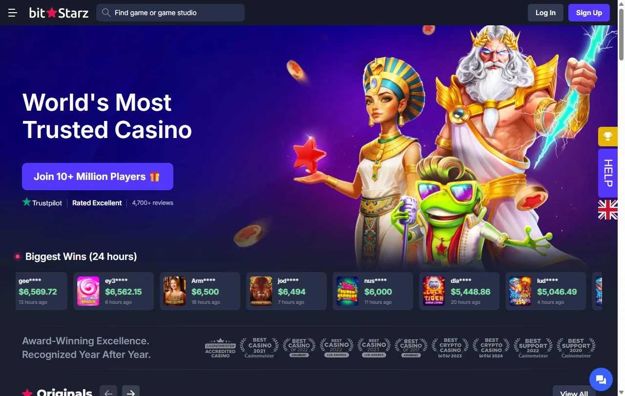 Startseite von BitStarz Casino mit Willkommenspaket und Überblick der Spielkategorien
