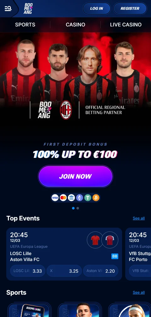 Boomerang Casino im mobilen Browser auf einem Smartphone mit Spiellobby