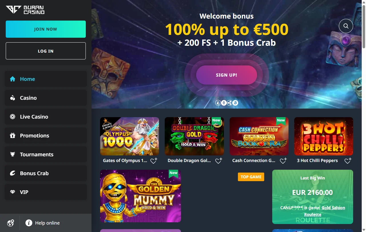 Buran Casino Startseite mit Überblick über Lobby und laufende Aktionen
