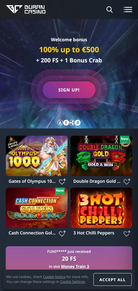 Buran Casino im mobilen Browser auf einem Smartphone ohne native App
