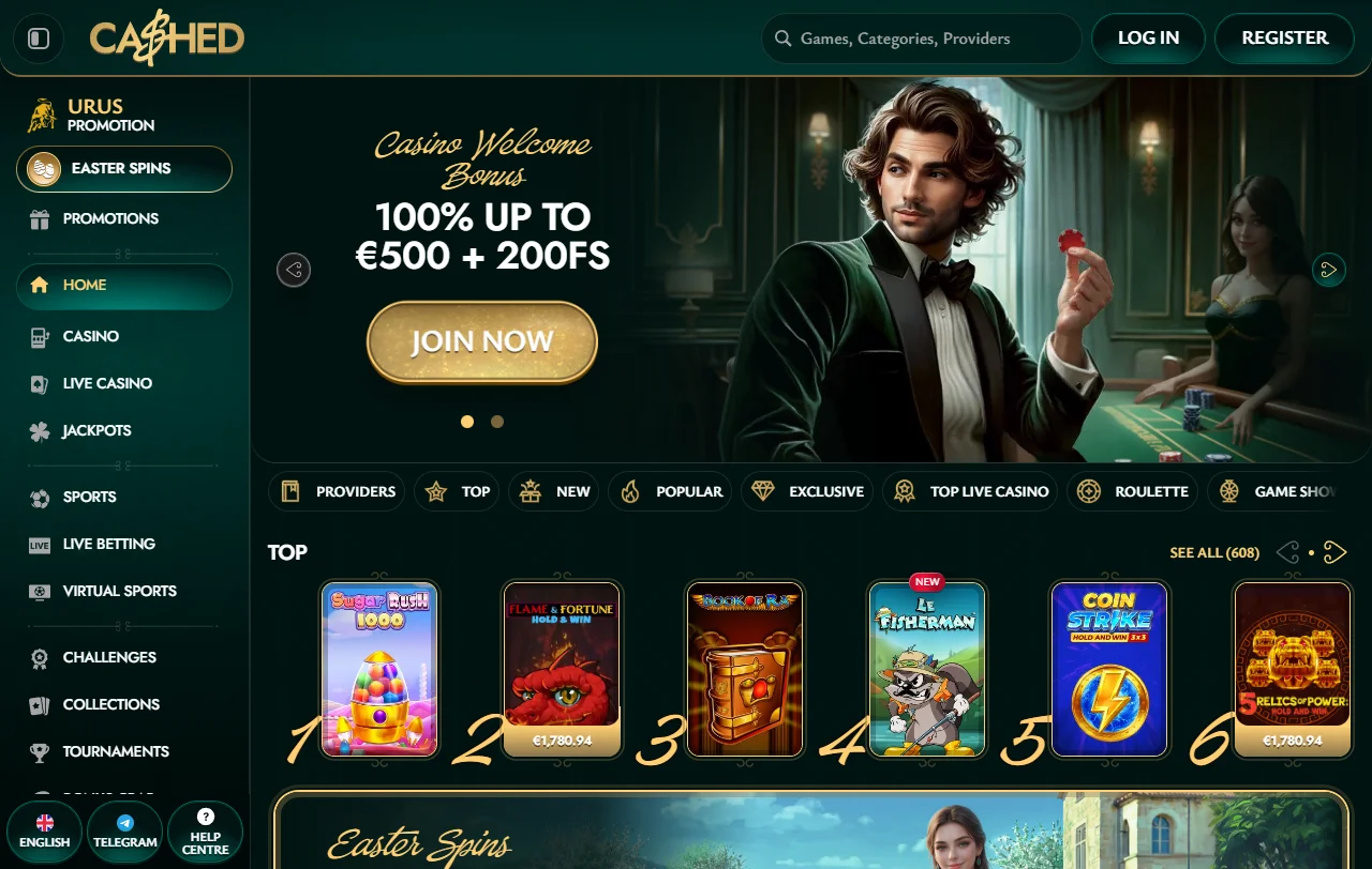 Cashed Casino Startseite mit Casino- und Sportwettenbereich unter einem gemeinsamen Konto