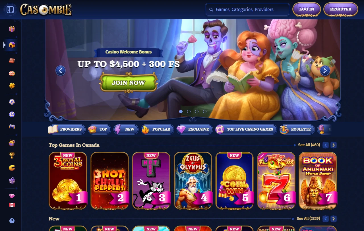 Startseite von Casombie Casino mit Zombie-Thema und Zugang zu Spielen und Sportwetten