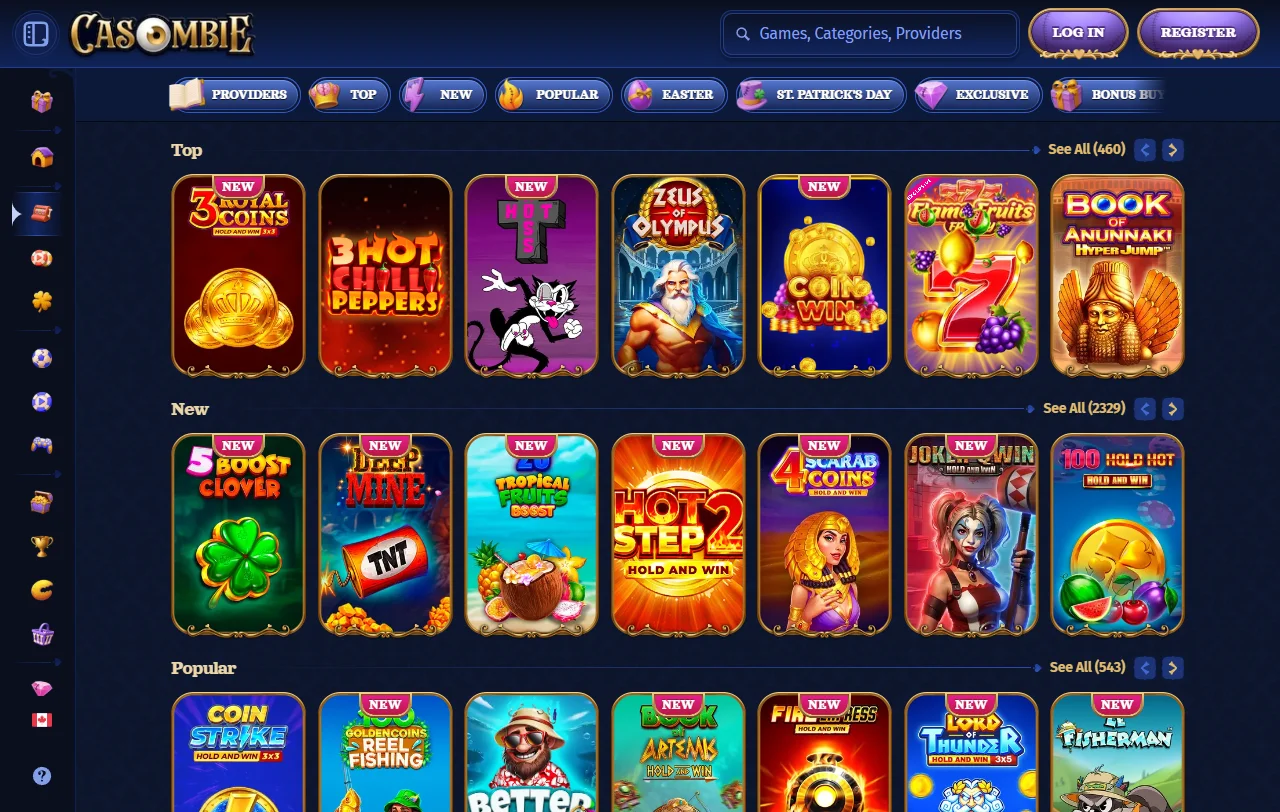 Spielauswahl von Casombie Casino mit Slots von Pragmatic Play, NetEnt und Play
