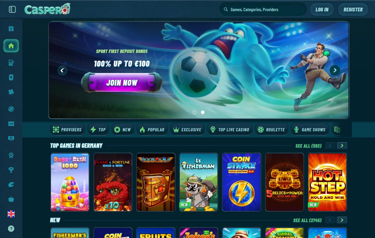 Caspero Casino Startseite mit Lobby und Sportwetten-Bereich im Überblick