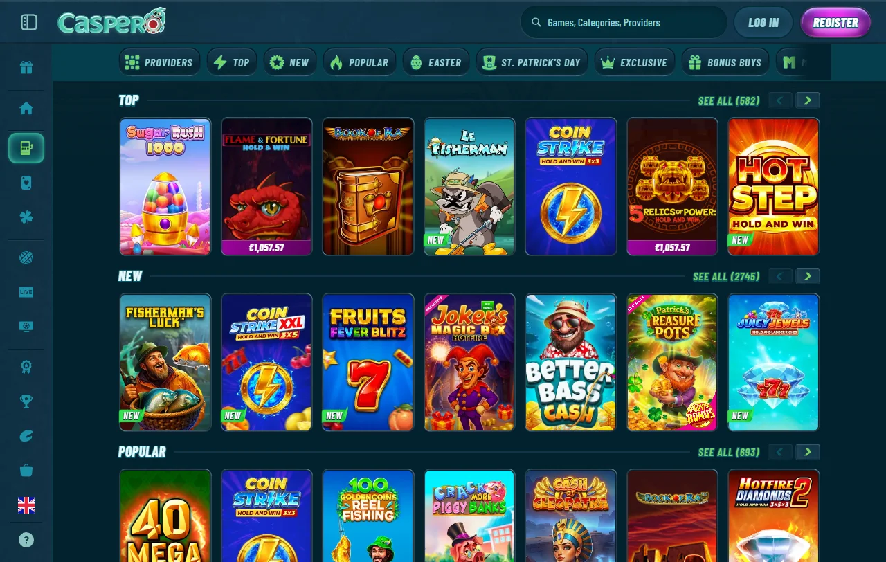 Caspero Casino Bonusbereich mit Ersteinzahlungsbonus und wöchentlichen Reload-Angeboten