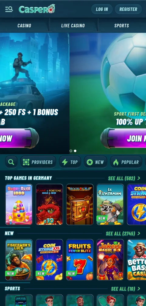 Caspero Casino im mobilen Browser mit Lobby und Spielsuche auf dem Smartphone
