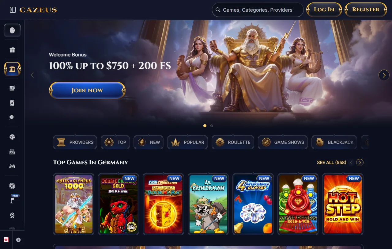 Startseite von Cazeus Casino mit Sportwetten und Spielkategorien für Schweizer Spielerinnen