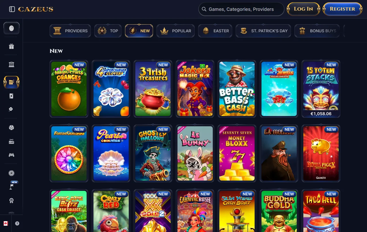 Spielebibliothek von Cazeus Casino mit Slots von Pragmatic Play und Hacksaw Gaming