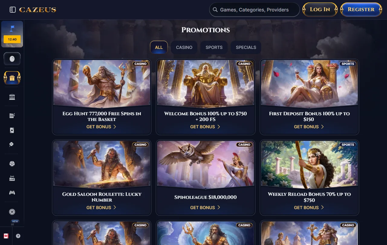 Willkommensbonus von Cazeus Casino mit 100 % bis CHF 550 und Free Spins