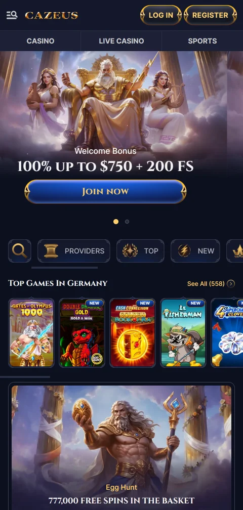 Cazeus Casino im mobilen Browser mit Lobby und Profilbereich für Free Spins
