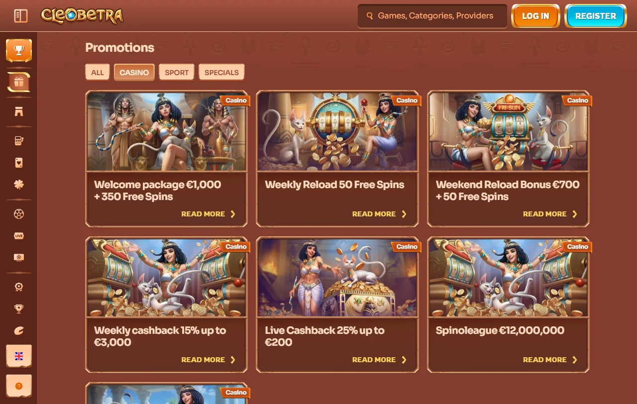 Spielelobby von Cleobetra Casino mit Slots, Live Casino und Filter nach Anbietern