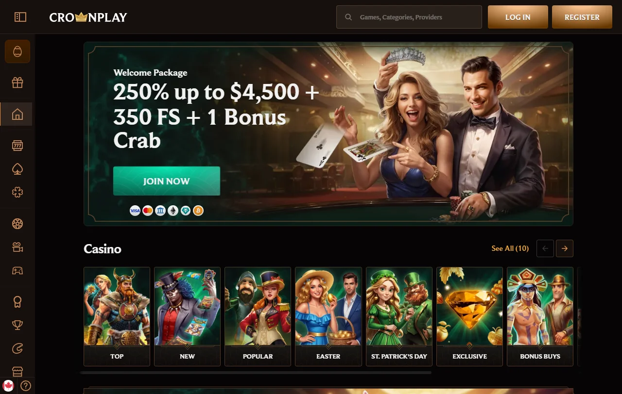 CrownPlay Casino Startseite mit Casino, Sportwetten und Kontowährung in Franken