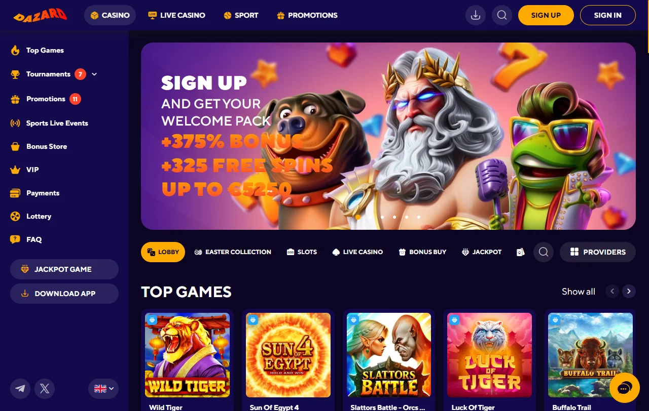 Dazard Casino Startseite mit Überblick über Spiele, Sportwetten und Aktionen